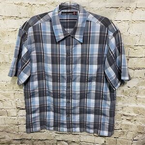 Ocean Current Blue Gray Plaid Short Sleeve Button Up Shirt